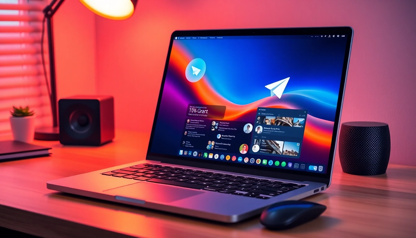 Download telegram电脑下载 on a laptop featuring a user-friendly interface in vibrant colors.