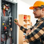 Electrician performing an Electrical Panel Upgrade, showcasing tools and workspace details.