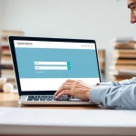 Using a plagiarism detector on a laptop in a modern office, emphasizing clarity and user engagement.