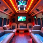 Experience the luxury of an Atlanta party bus with plush seating and vibrant interior lighting.