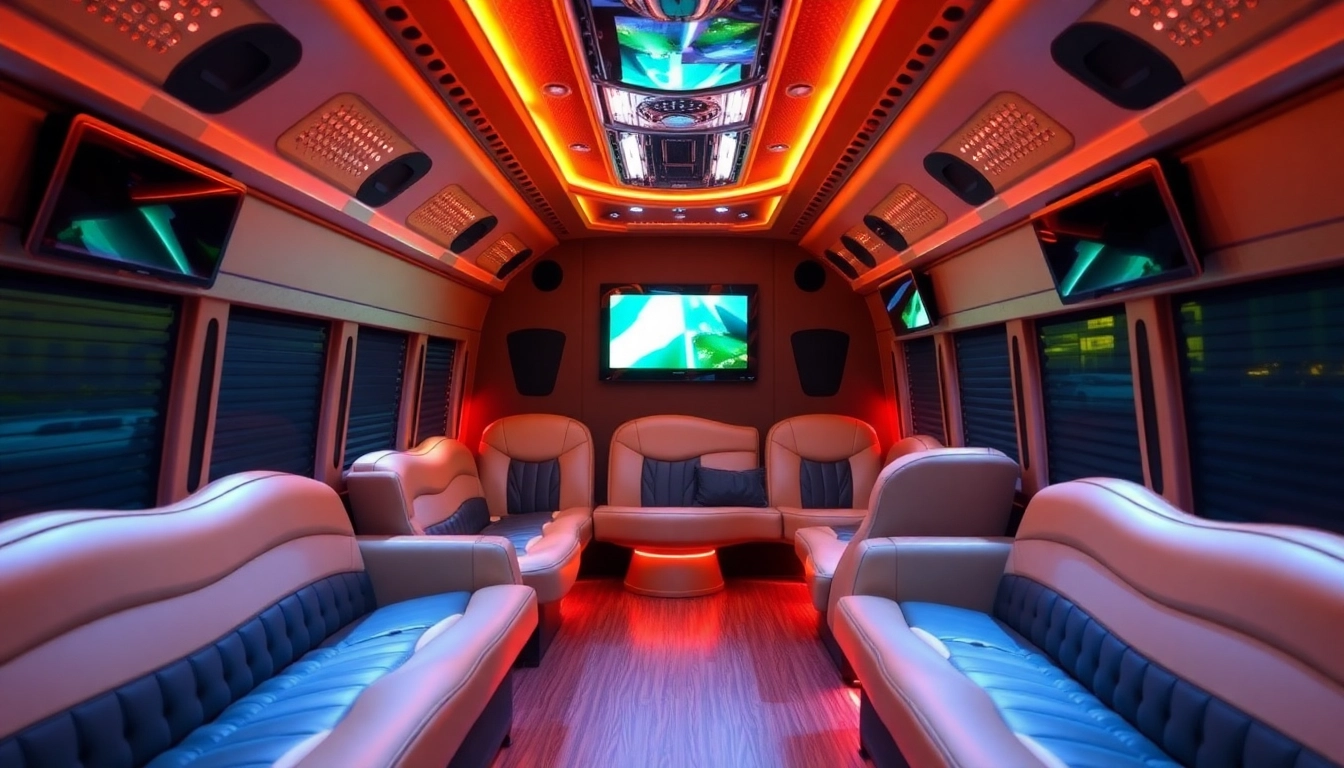 Experience the luxury of an Atlanta party bus with plush seating and vibrant interior lighting.