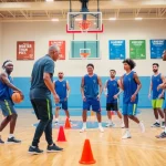 Boys and girls actively participating in basketball training programs near me with a dedicated coach on a gym court.