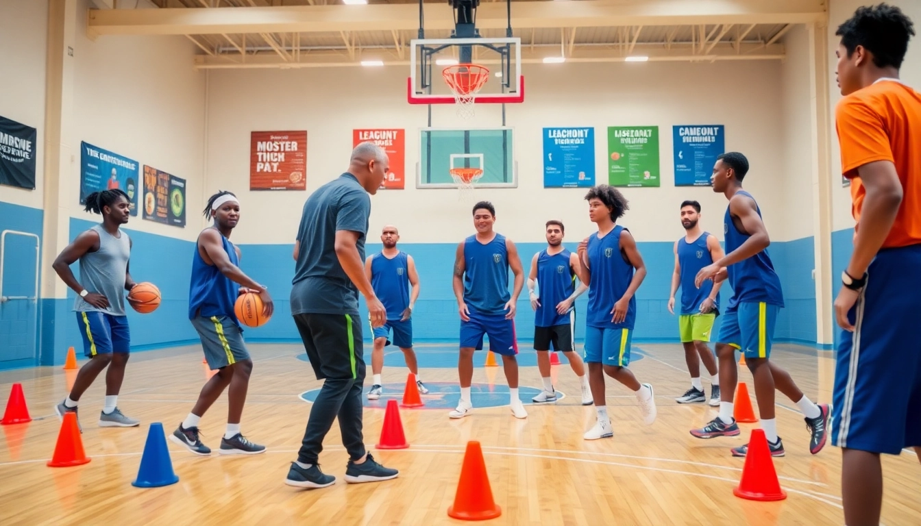 Boys and girls actively participating in basketball training programs near me with a dedicated coach on a gym court.
