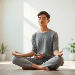 A young person practicing meditation for dealing with anxiety in a calm, sunlit room.