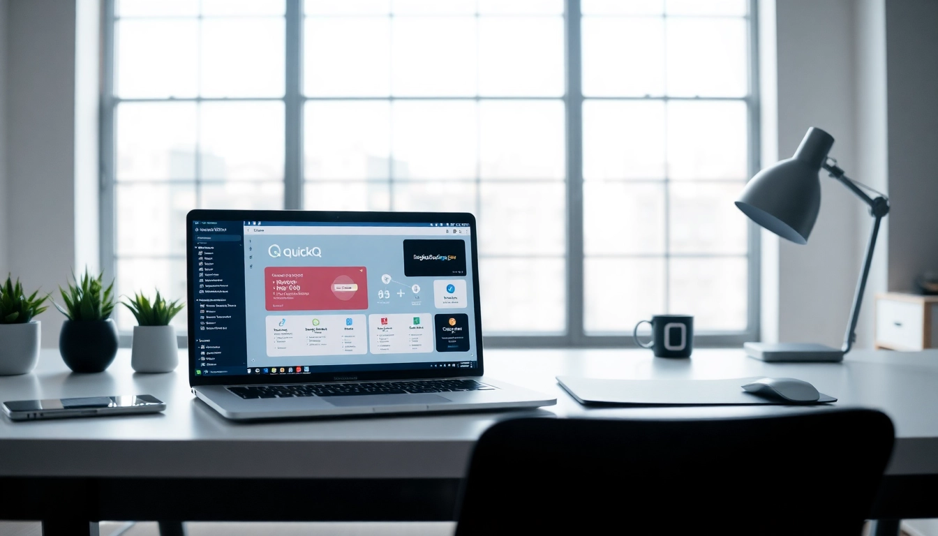 Using quickq官网 to enhance productivity with software demonstrated on a stylish laptop.