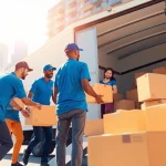 Cheap movers efficiently loading boxes into a truck in a lively urban environment.