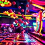 Permainan Plinko Indonesia dengan papan menyerupai kasino yang penuh warna dan ball jatuh.