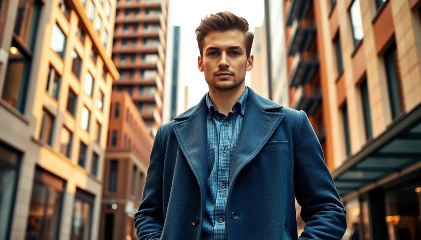 Showcase stylish mens coats with a confident male model in an urban city environment.