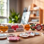 Showcase personalized keychains in a designer workspace highlighting custom names and vibrant designs.