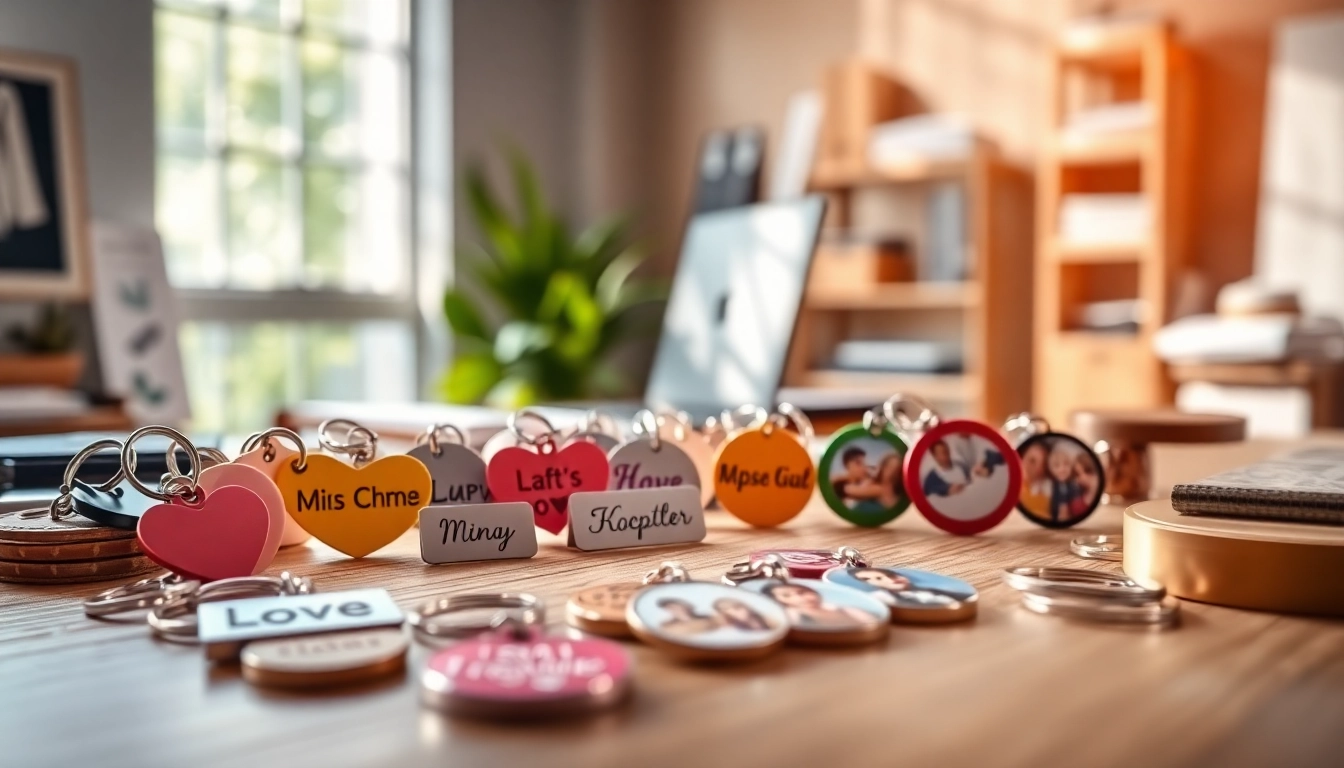Showcase personalized keychains in a designer workspace highlighting custom names and vibrant designs.