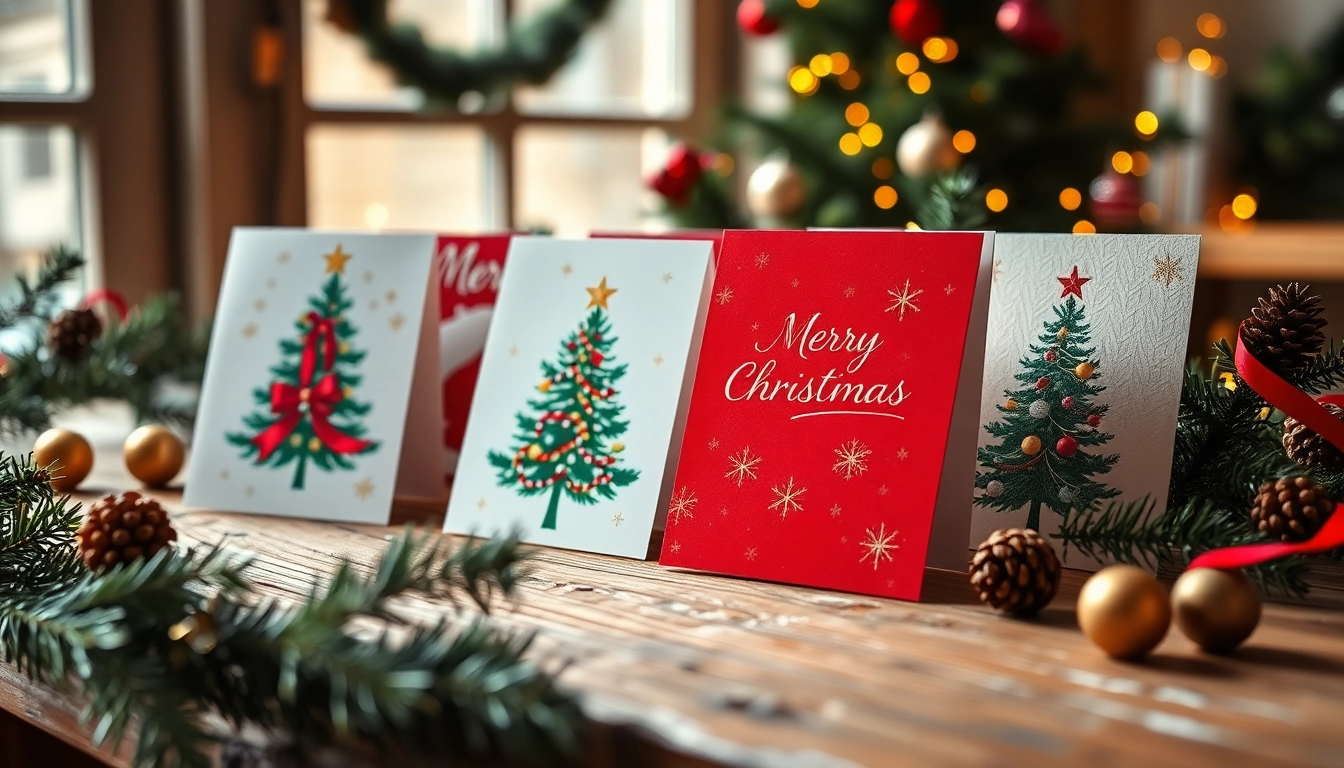 Showcasing creative local Christmas cards London on a wooden table with festive decorations.