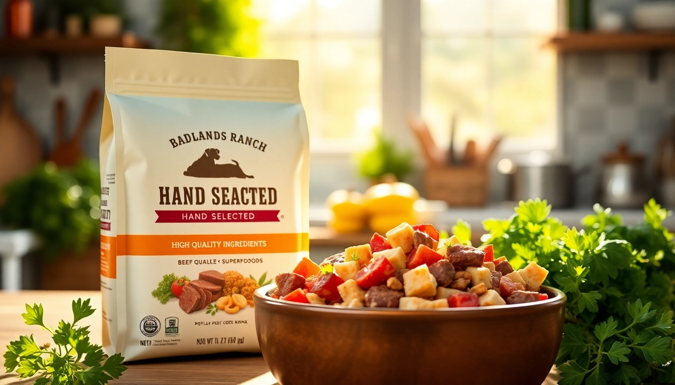 Showcase badlands ranch dog food with high-quality ingredients in a vibrant kitchen setting.
