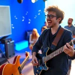 Indie artist pitching music with enthusiasm to curators in a vibrant studio, embodying music pitching.