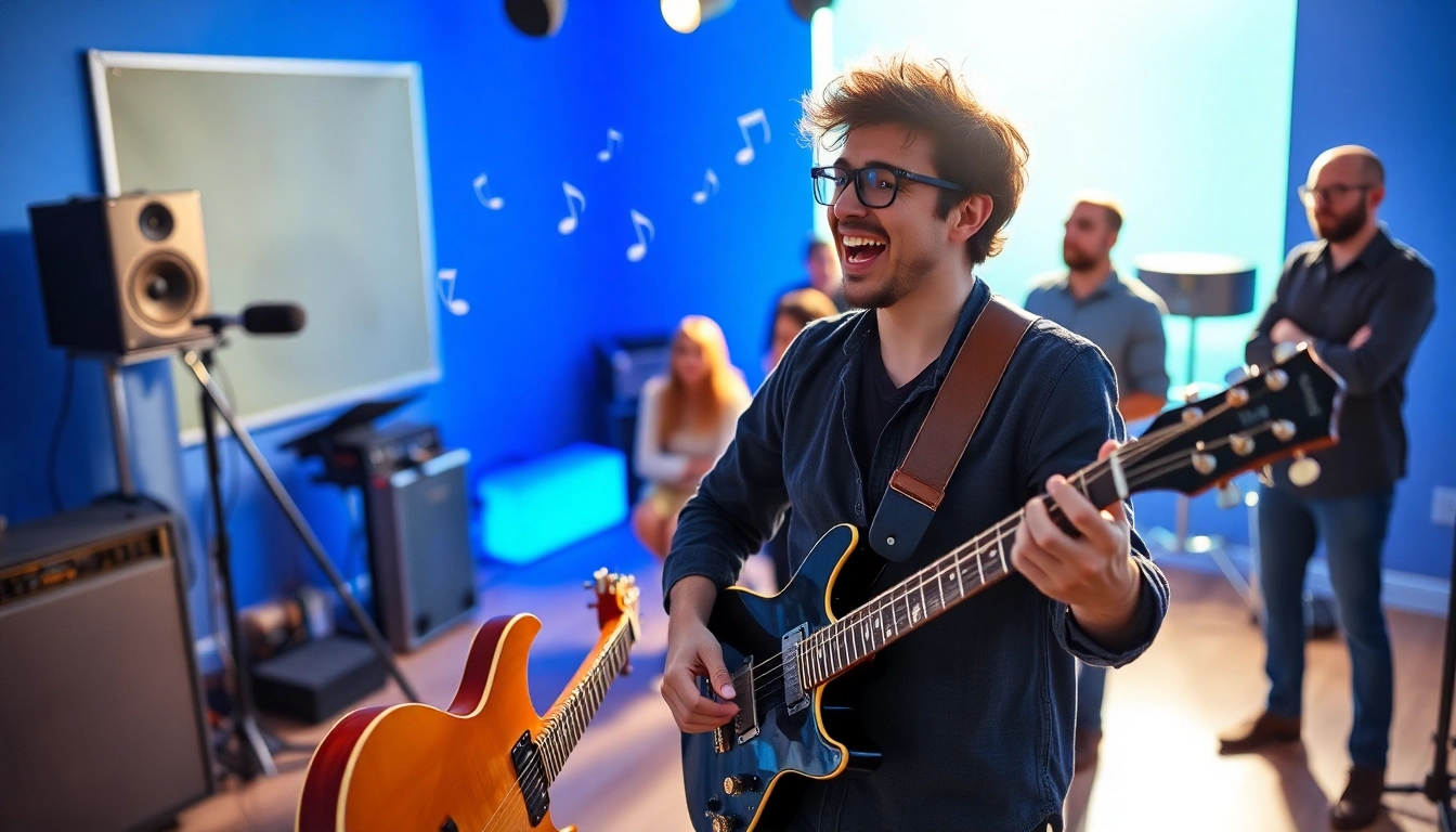 Indie artist pitching music with enthusiasm to curators in a vibrant studio, embodying music pitching.
