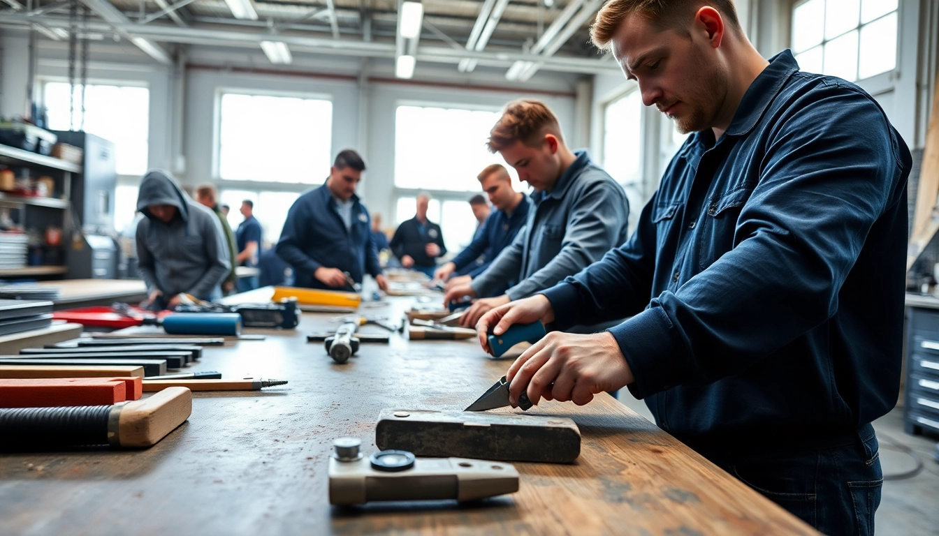 Hands-on training for trade school Knoxville TN students using tools in a workshop environment.