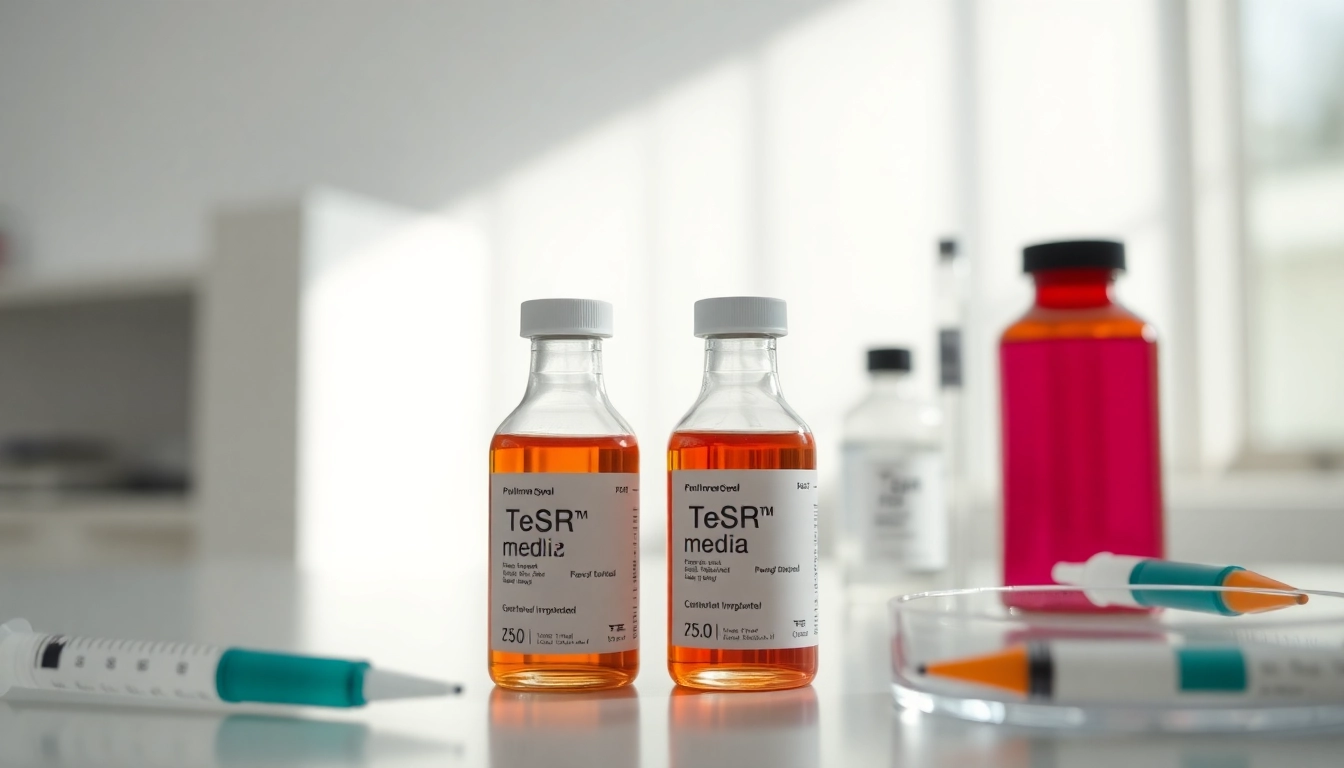 All check of TeSR™ media vials in a lab setup, highlighting feeder-free pluripotent stem cell culture.