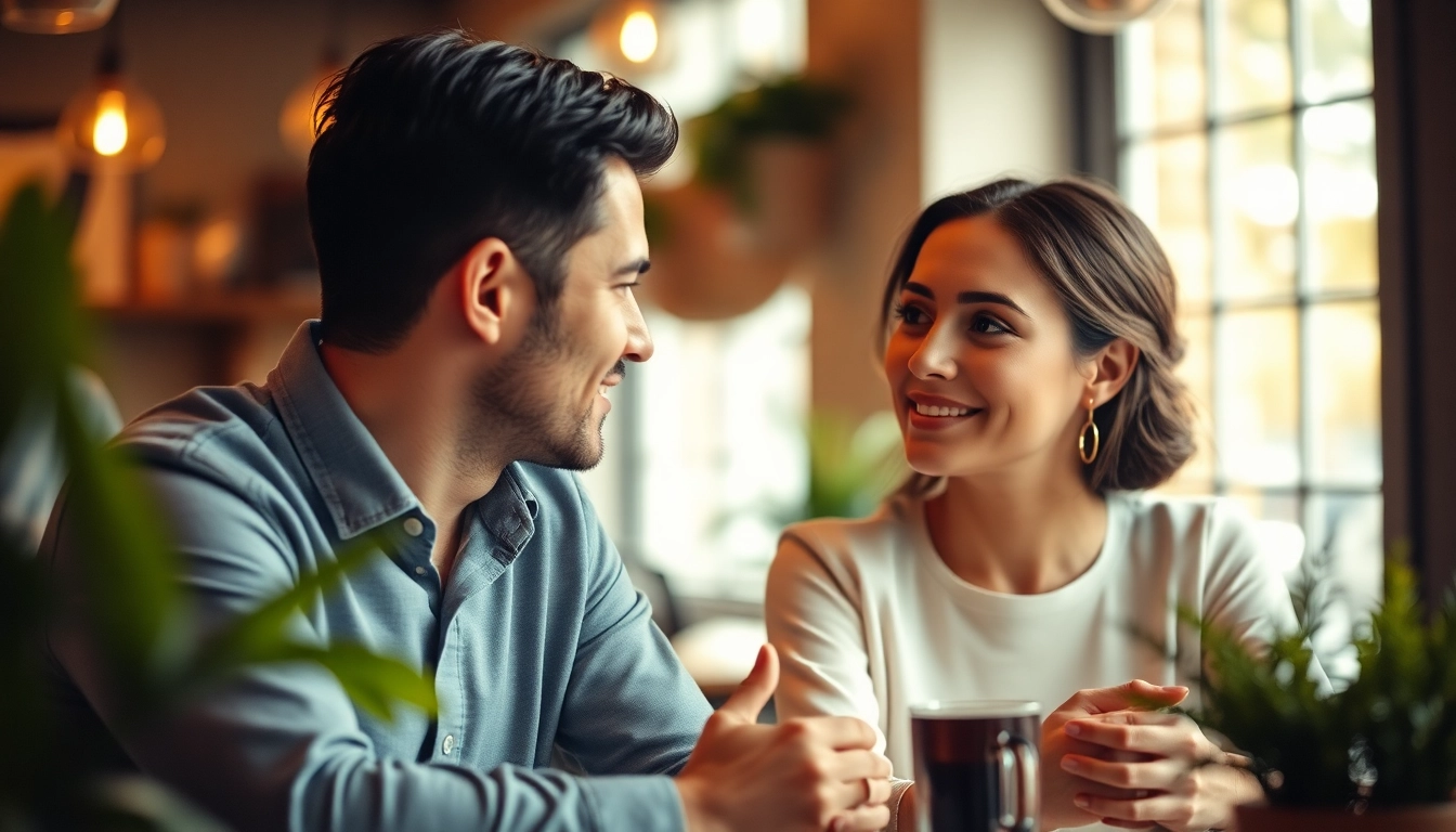 Couple practicing communication in relationships at a café, showcasing engagement and empathy.