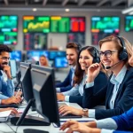 Showcase of call center services with diverse agents engaged in customer support.