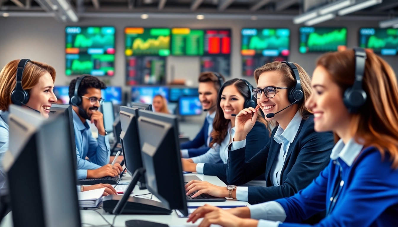 Showcase of call center services with diverse agents engaged in customer support.