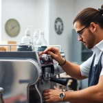 Cimbali service technique performed by a technician to maintain espresso machines for optimal coffee quality.