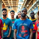 Shop diverse graphic t-shirts showcasing unique designs in vibrant urban settings.
