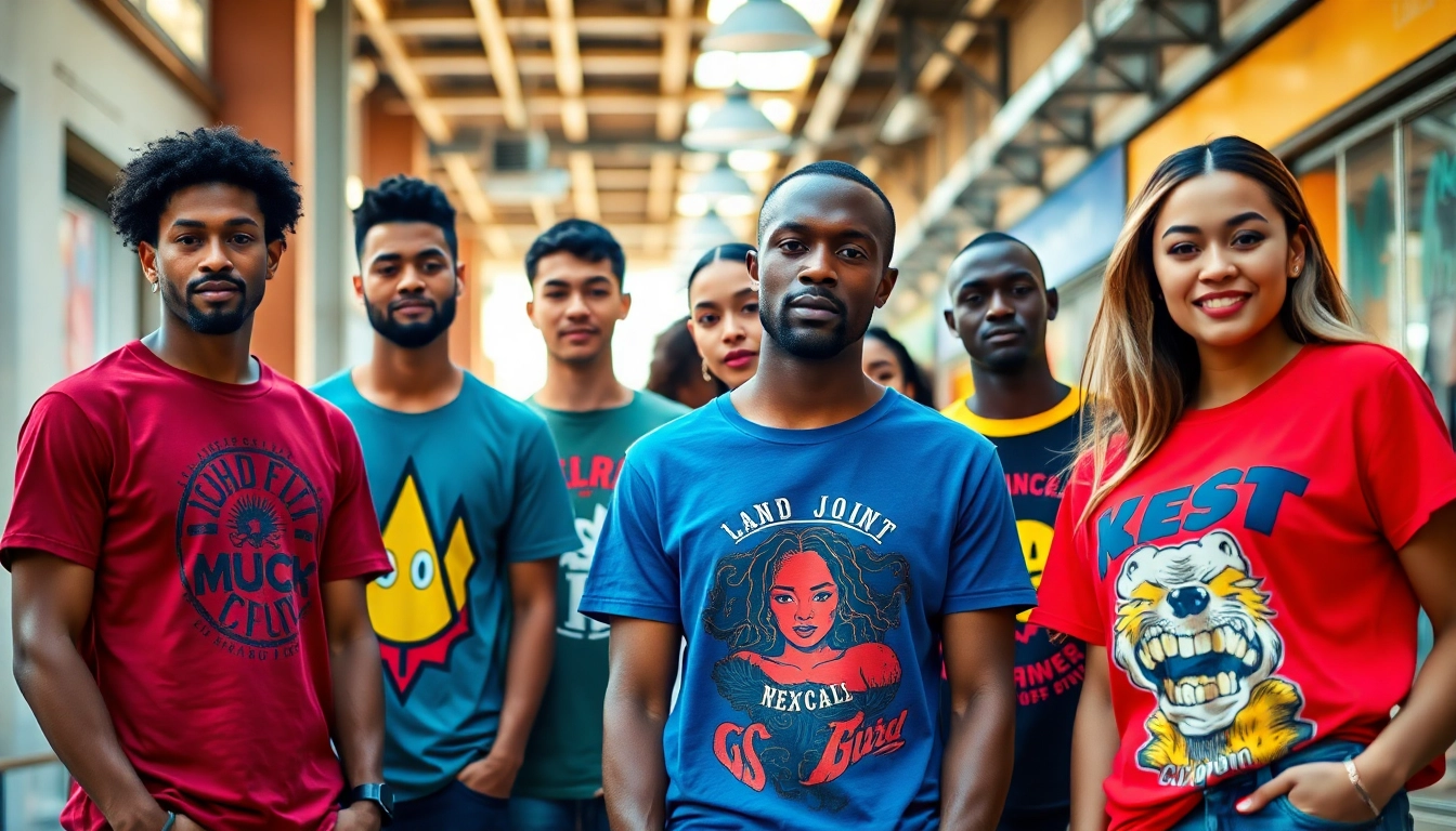 Shop diverse graphic t-shirts showcasing unique designs in vibrant urban settings.