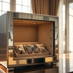 Protect your valuable timepieces with a luxurious watch safe showcased in an elegant setting.