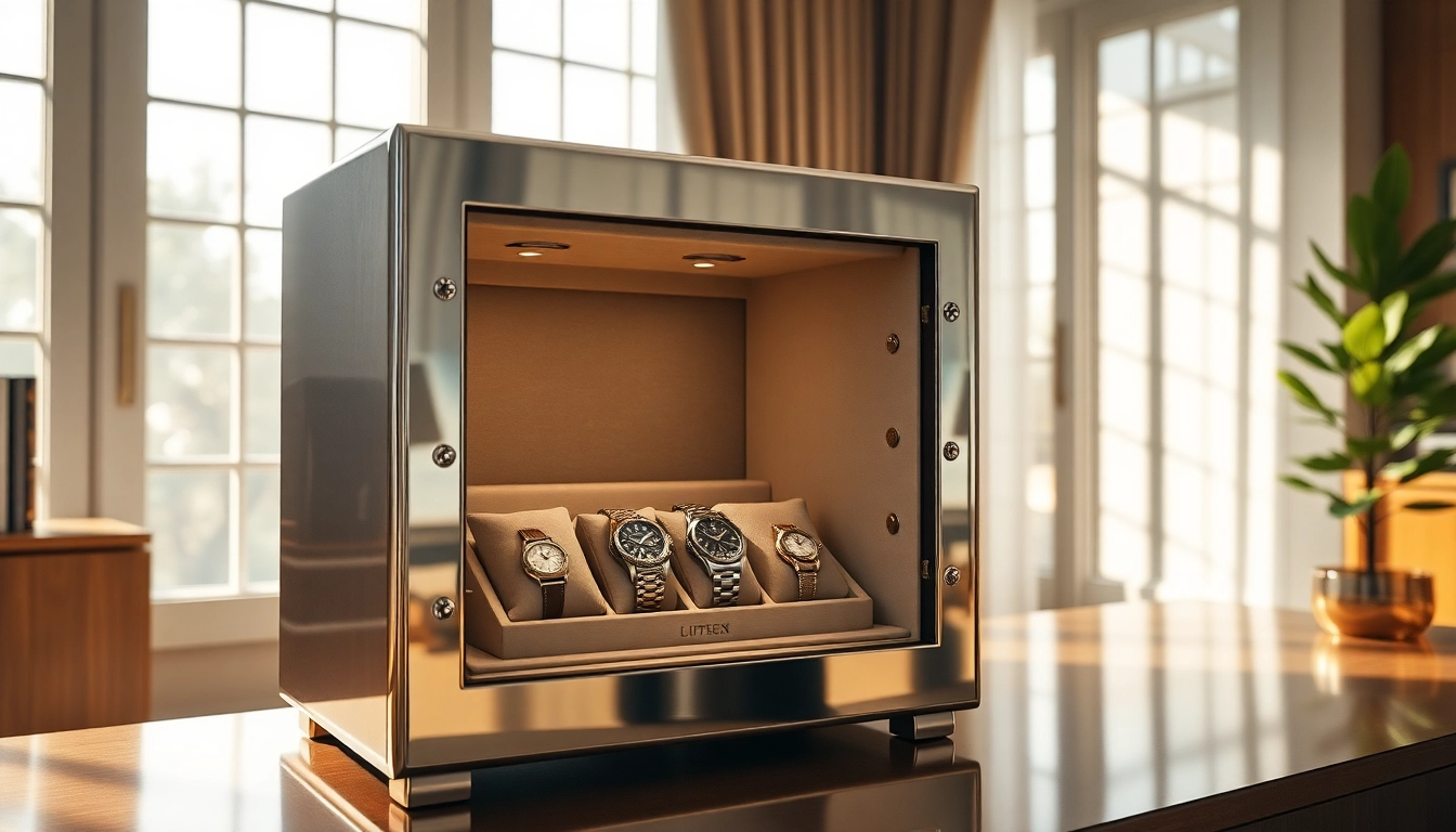 Protect your valuable timepieces with a luxurious watch safe showcased in an elegant setting.