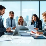 Compliance Services team collaborating on regulatory documents in a modern office.