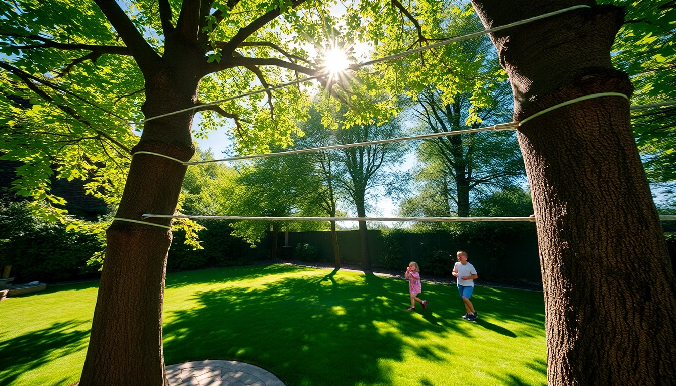Engaging garden zip wire kit in action with children playing outdoors in a vibrant setting.