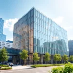 3D Visualisierung eines modernen Bürogebäudes in einer urbanen Umgebung mit lebendiger Stadtatmosphäre.