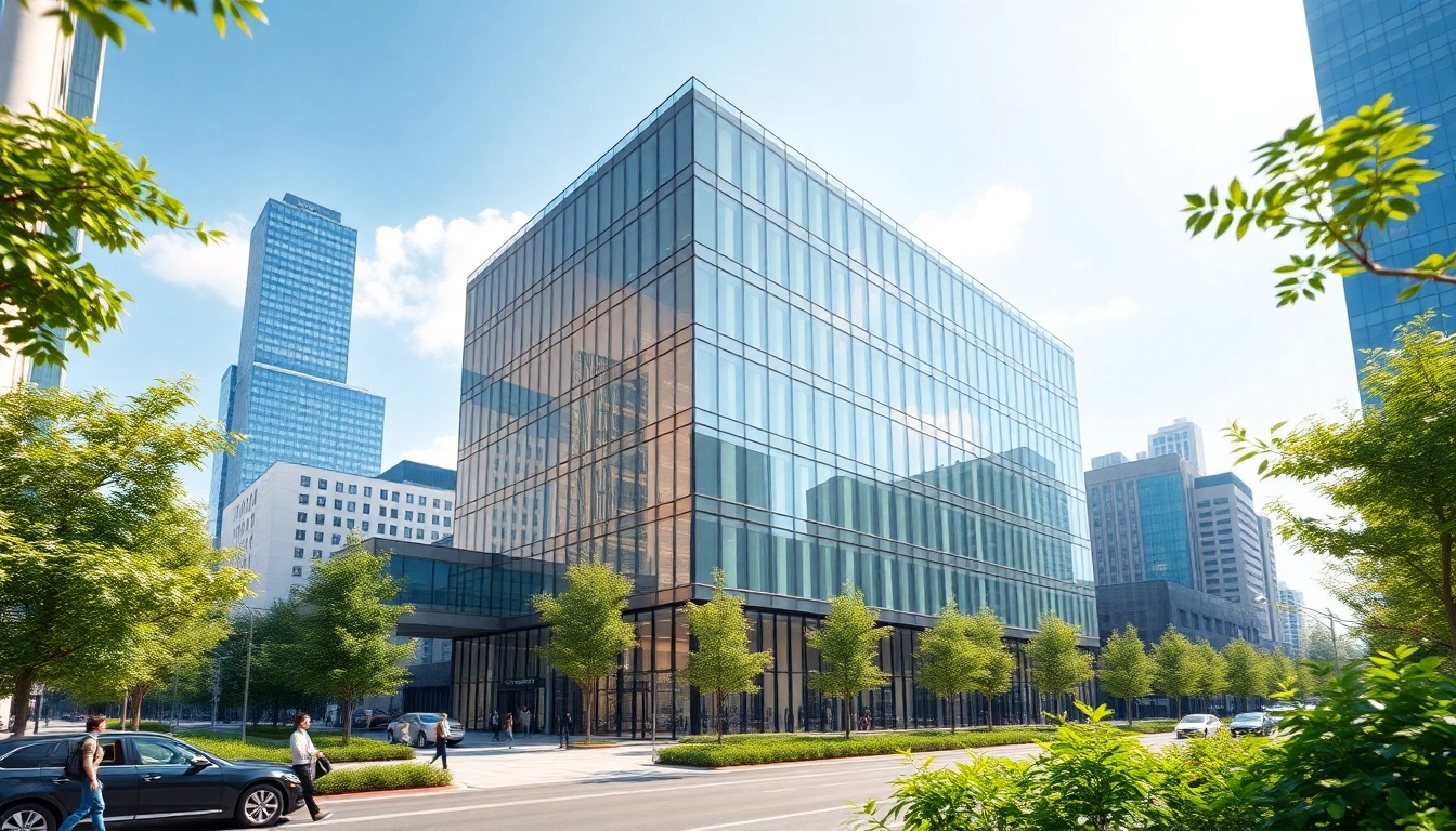 3D Visualisierung eines modernen Bürogebäudes in einer urbanen Umgebung mit lebendiger Stadtatmosphäre.