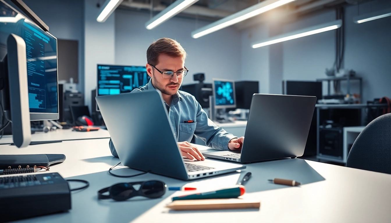 Providing expert computer service through meticulous laptop repair by a technician.