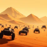 Experience the intense battle of the dune 2 game with futuristic units in a vivid desert landscape.