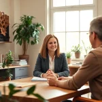 Empathetic attachment theory coach engaging with a client in a serene setting.