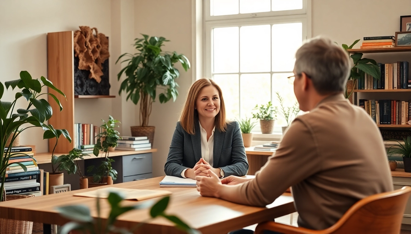 Empathetic attachment theory coach engaging with a client in a serene setting.