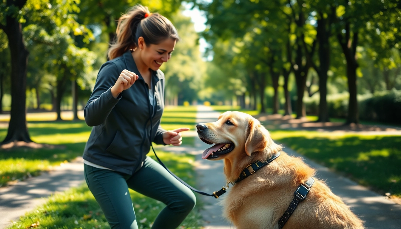 Psych service dogs assisting in training with a handler in a tranquil park setting, showcasing companionship and support.