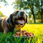 Happy dog eating nature's blend dog food canada in a bright outdoor setting.