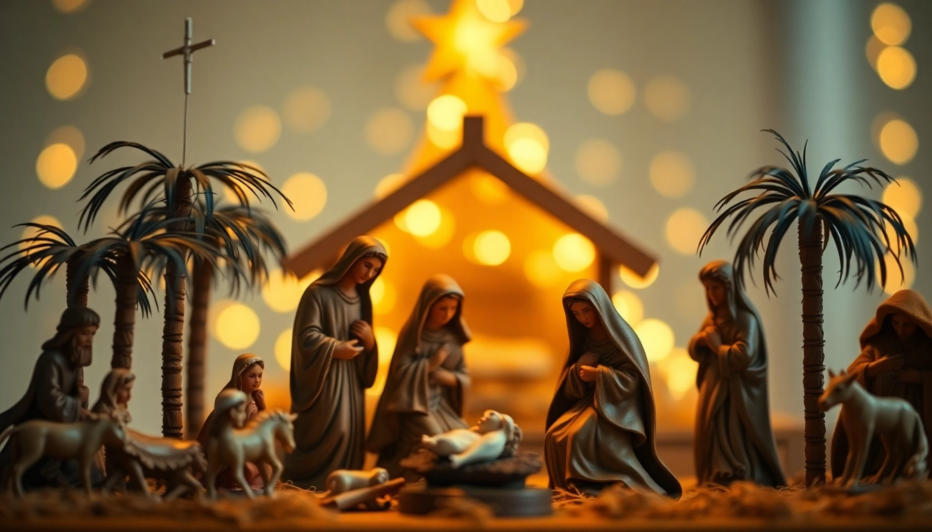 Beautiful Nativity sets arranged to highlight intricate details of the Holy Family scene.