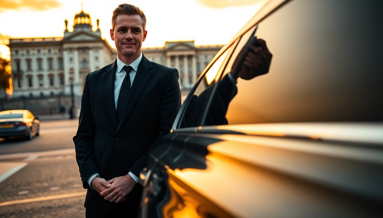 Engaging london chauffeur in a formal suit beside a luxury vehicle outside a London landmark.