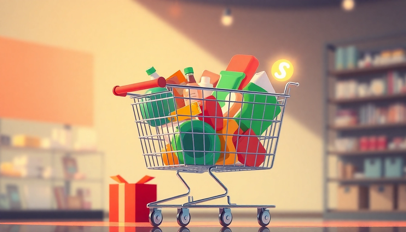 Explore Ultimateshop cvv options with a vibrant digital shopping cart showcasing various products.