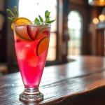 Dizzy Lizzie cocktail showcased on a rustic bar with fresh herbs and fruits, creating an inviting atmosphere.