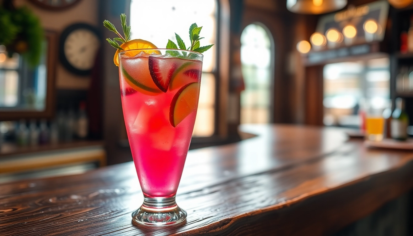 Dizzy Lizzie cocktail showcased on a rustic bar with fresh herbs and fruits, creating an inviting atmosphere.
