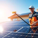 Residential solar panel cleaning Phoenix demonstrated by a technician scrubbing panels under bright sunshine.
