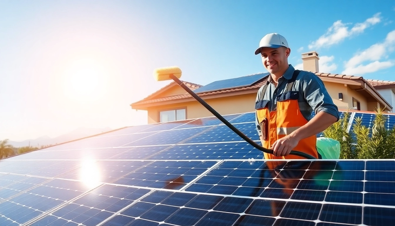 Residential solar panel cleaning Phoenix demonstrated by a technician scrubbing panels under bright sunshine.