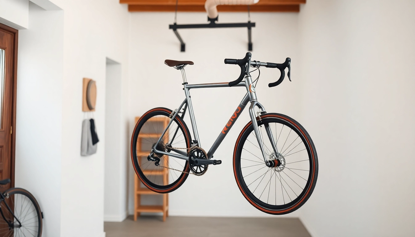 Showcase of a stylish bicycle wall hanger holding a bike in an elegant garage setting.