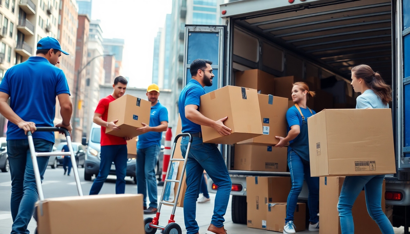 View of professional Cheap movers efficiently packing a truck in a vibrant urban setting.
