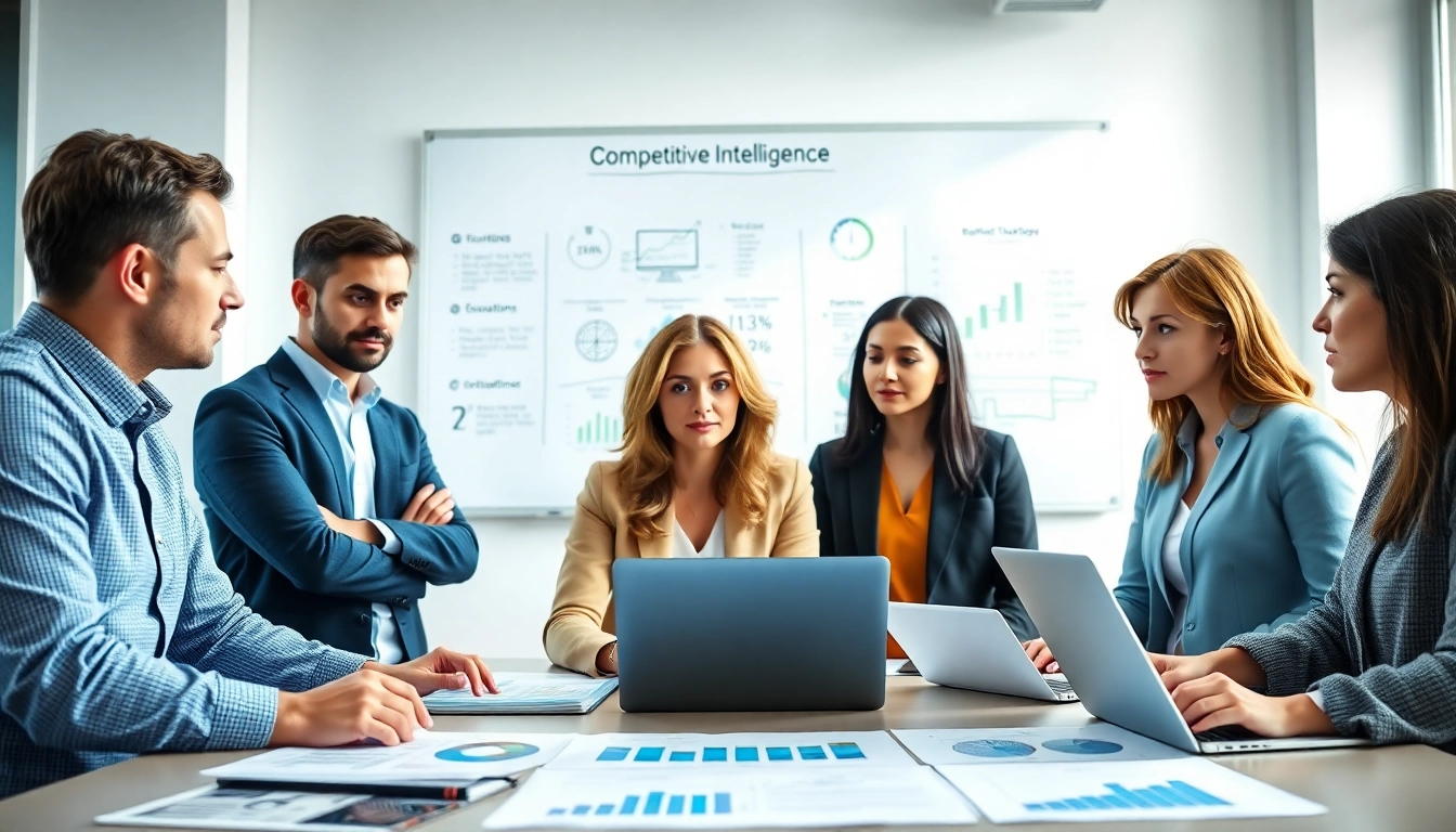 Sales team utilizes competitive intelligence for sales strategies in a modern office.