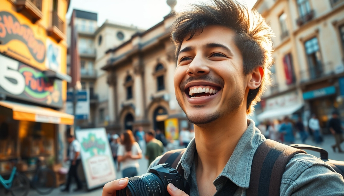 Professional photographer capturing an outdoor portrait with a historic backdrop in vibrant urban settings.