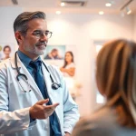Engaging boutique doctor consulting with a patient in a welcoming clinic environment.